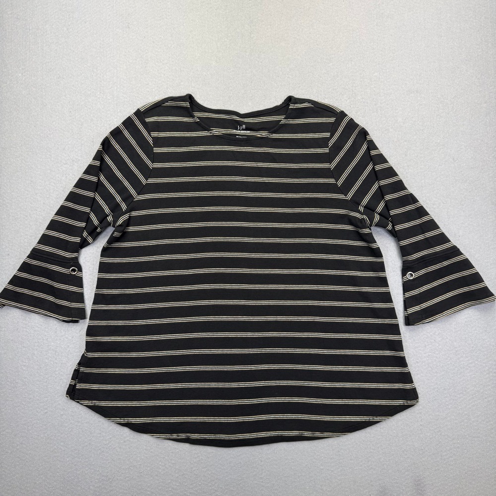J. Jill Pima Tie Sleeve Tee Black Striped 3/4 Bell Sleeve Top Petite Large L P